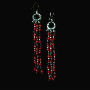 Coral beads silver earrings carved with long dangle