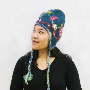 Blue Woolen Cap with Flower Embroidery