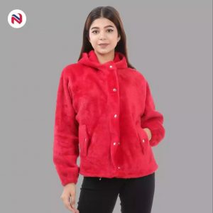 Nyptra Red Solid Fur Pullover Hoodie Jacket For Women