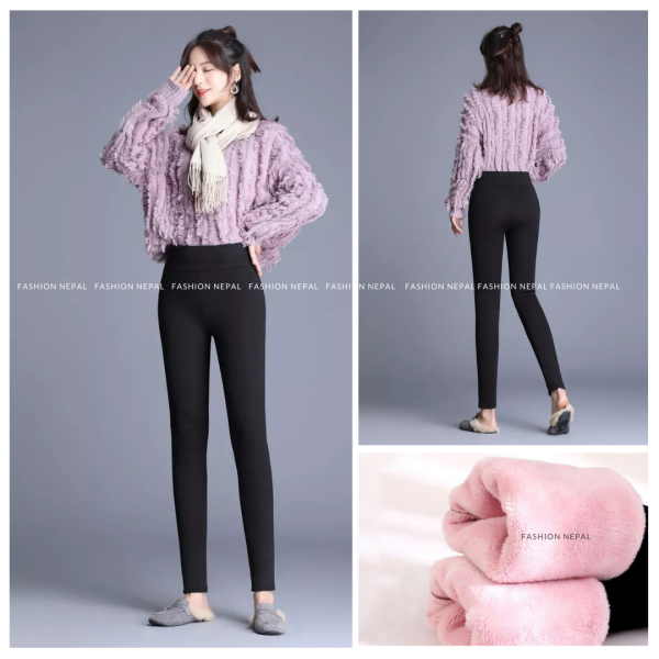 Women Black Woolen Leggings fur inside