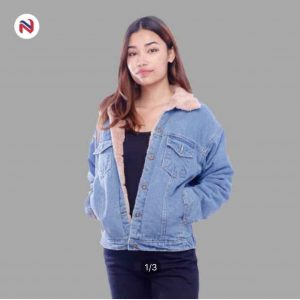 Blue Solid Fur Denim Jacket For Women