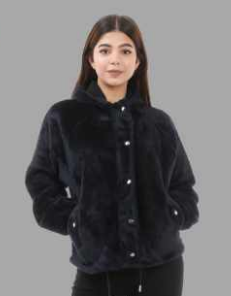 Nyptra Black Solid Fur Pullover Hoodie Jacket For Women
